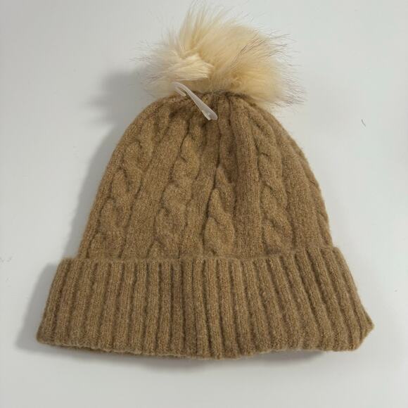 NWT J. CREW Pom Beanie Extra-Soft Yarn Tan Cream One Size Hat Wool Blend